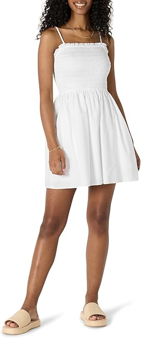 Women's Regular-Fit Cotton Sateen Smocked Bodice Short Dress
