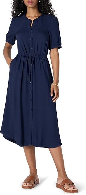 Women's Fit and Flare Half-Sleeve Waisted Midi A-Line Dress with Pockets