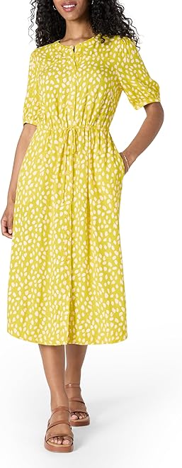 Women's Fit and Flare Half-Sleeve Waisted Midi A-Line Dress with Pockets