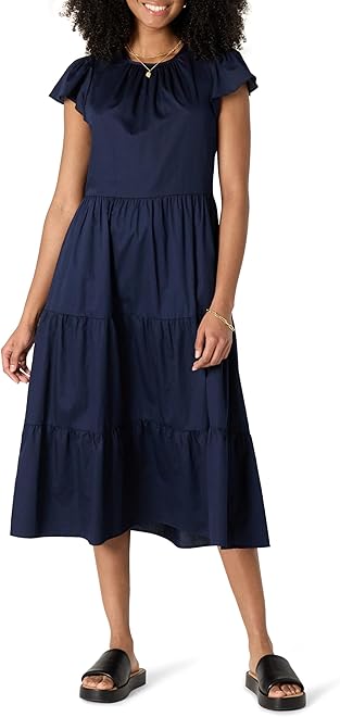 Women's Relaxed-Fit Cotton Sateen Crewneck Tiered Midi Dress