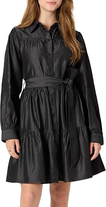 Women's Fit and Flare Denim Chambray Long-Sleeve Tiered Shirtdress