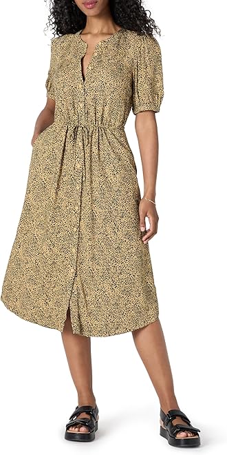 Women's Fit and Flare Half-Sleeve Waisted Midi A-Line Dress with Pockets