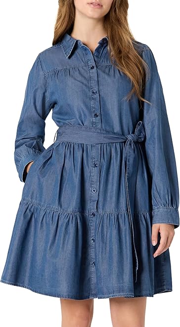 Women's Fit and Flare Denim Chambray Long-Sleeve Tiered Shirtdress
